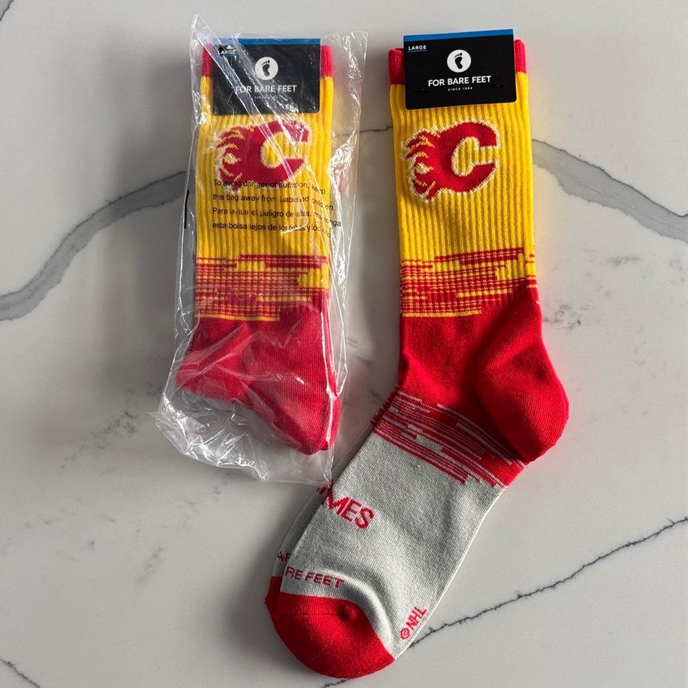 2 Pairs- For Bare Feet Calgary Flames Men's Socks (Large)